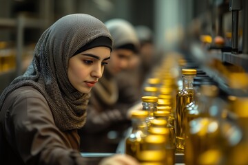 A young woman wearing a hijab works on the line of an olive oil bottling plant. The plant's setting conveys industrial efficiency and teamwork.