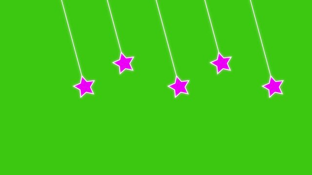 Five pink color Stars Hanging and Swinging twinkling on Transparent Alpha Channel, sky, ribbon, green screen background