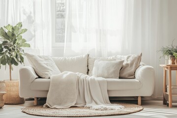 A bright and airy living room featuring a cozy neutral-colored sofa adorned with soft pillows, infused with natural light and an inviting, calming atmosphere.
