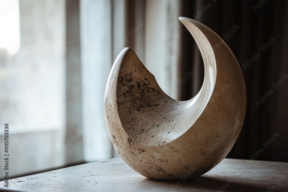 Poster a crescent-shaped stone sculpture stands on a wooden surface, highlighted by soft lighting that enha