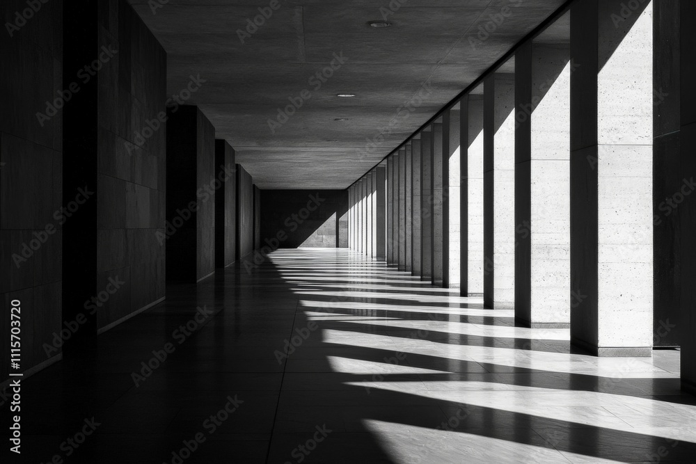Poster a stunning monochrome corridor with strong light and shadow contrast, emphasizing sleek architectura