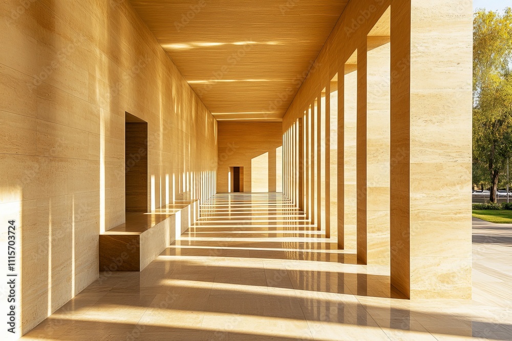 Aufkleber An elegant passageway featuring natural light creating linear shadows through large openings, highlighting modern architectural design and serene ambiance.