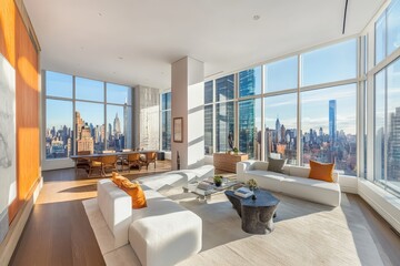 Fototapeta premium Luxurious penthouse featuring large windows, white furniture, and stunning cityscape views illuminated by daylight, offering an inspiring urban lifestyle.