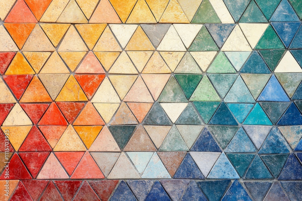 Aufkleber Image features an array of colorful triangular tiles arranged in a gradient pattern. The tiles transition from red to yellow, green, blue, and purple hues.