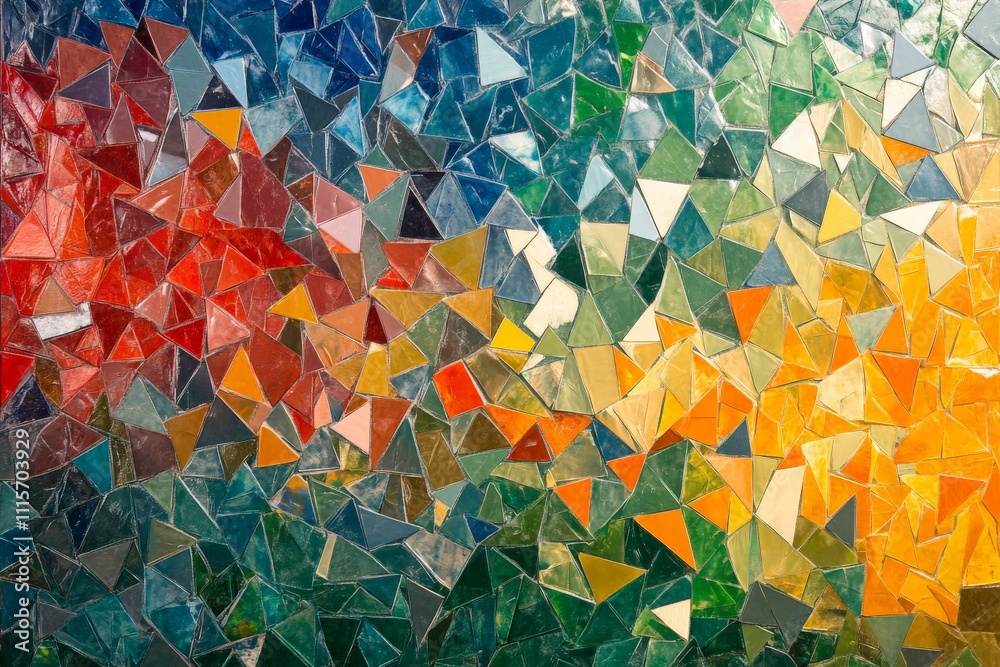 Poster This vibrant mosaic showcases colorful triangular glass pieces artistically arranged to form a lively pattern. The interplay of colors creates dimensional depth.