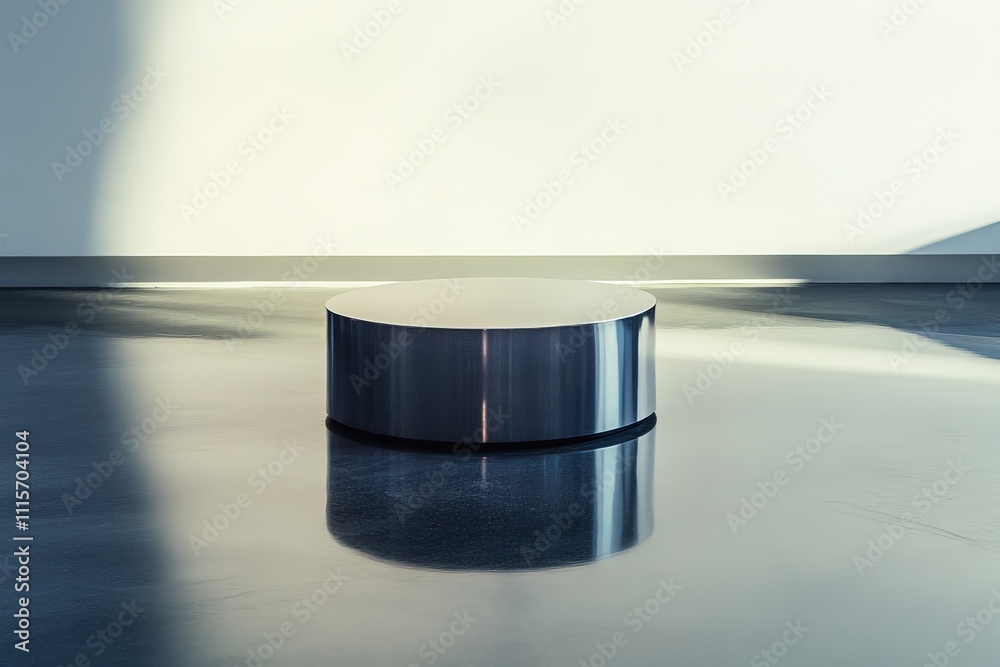 Poster a sleek, metallic cylinder is centrally placed on a smooth, reflective floor, capturing tranquil ref