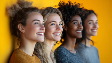 Obraz premium Three charming individuals standing in line, vivid yellow backdrop, joyful smiles, glancing aside, clear light