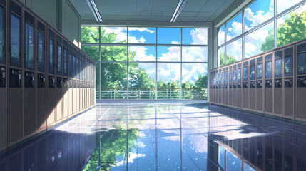 Fototapeta premium Empty school hallway, a silent testament to the passage of time and the fleeting nature of youth, where memories of laughter and learning linger in the air, waiting to be rediscovered.