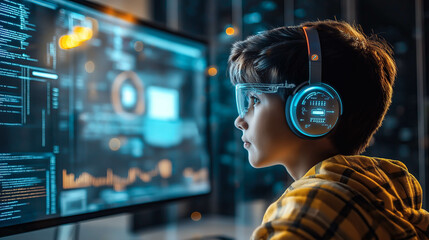 A kid boy learns online using futuristic technology. The concept of the integration of advanced digital tools in education, and learning experiences for the future generation. Generative AI.