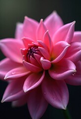 Fototapeta premium A pink dahlia flower with water droplets on it, set against a blurred background