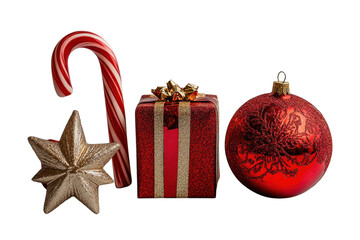 Colorful Christmas decorations including presents, a candy cane, and an ornament arranged for festive celebration