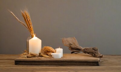 Rustic Autumn Still Life: Candles, Wheat, and Burlap on Wood