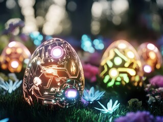 Traditional Easter celebrations reimagined with glowing cyber-egg decorations and high-tech cultural elements