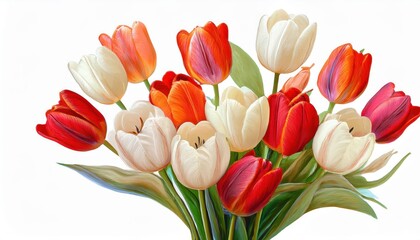 Fototapeta premium Vibrant Bouquet of Red, Orange, and White Tulips Celebrating International Women's Day on March 8. Perfect for Spring Themes, Greeting Cards, Nature Posters, or Seasonal Decoration Concepts