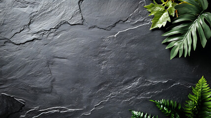 Neutral textured flatlay of tropical leaves on slate surface indoor natural setting aesthetic design concept