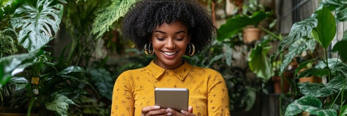 Smiling Young Woman Uses Tablet Amidst Lush Greenery, Enjoying Digital Connection in Nature.