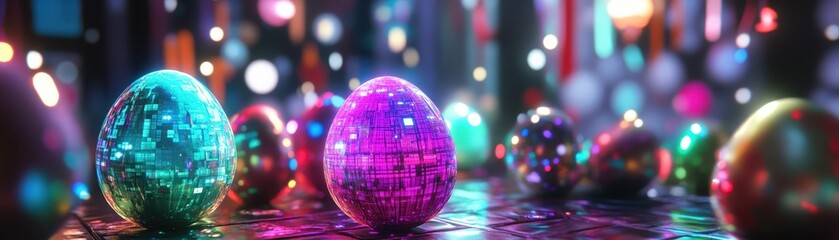 Vibrant local Easter market featuring futuristic egg designs, holographic decor, and glowing digital crafts on display