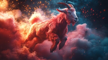 Obraz premium Red Fiery Goat Leaping Through Colored Smoke for New Year. Generative AI