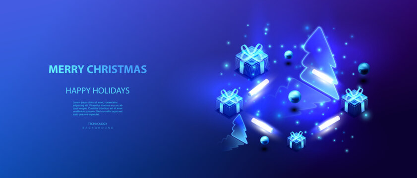 Ai Merry Christmas technology and business holidays isometric vector background. Isometric holiday tree and gift box. Christmas big data banner. Neon lamps futuristic digital card.