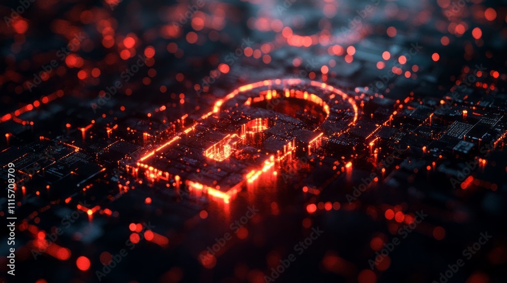 Poster a glowing lock symbol emerges from a dark digital landscape filled with intricate circuitry, illustr