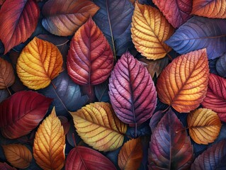 A vibrant arrangement of autumn leaves in various warm colors.