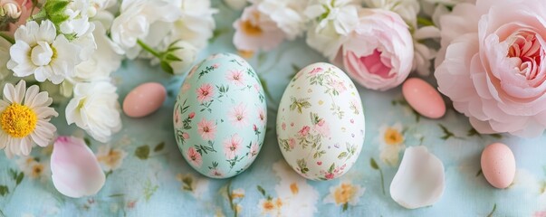 Fototapeta premium Creative DIY Easter decor for seniors, featuring floral patterns, pastel eggs, and nostalgic designs in a charming retro style