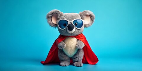 Fototapeta premium Full-Body Photo of an Adorable Superhero Koala in Sunglasses Against a Minimalist Blue Background for Whimsical and Playful Stock Photography Needs