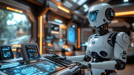 Fototapeta premium A futuristic robot interacts with advanced technology in a sleek, modern environment.
