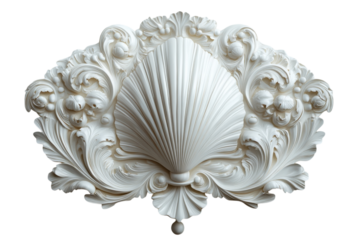 Intricate white plaster decoration showcasing a shell design with floral motifs and detailed craftsmanship