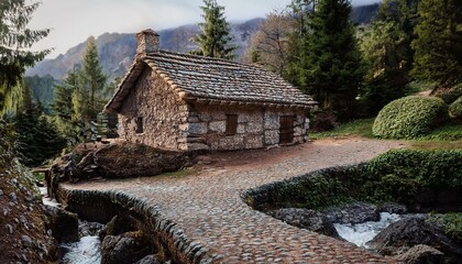 Fototapeta premium stone house and natural living area in the mountain