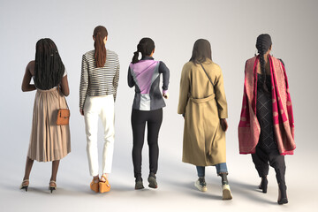 Five women's back views with different appearances reflect different fashion styles.
