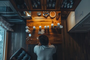 Overhead View of a Distressed Individual Surrounded by Various Containers and Pills at a Wooden Table in a Cozy Indoor Environment