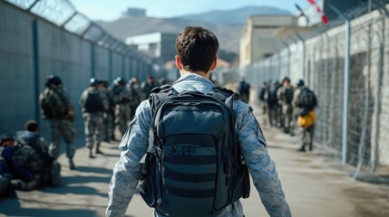 Obraz premium Guard Monitoring Inmates Near Watchtower Complex