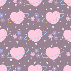 Cute seamless pattern with planet in heart shape and stars. Vector pastel background. Valentine's day and love