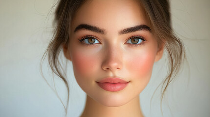Naklejka premium Stunning portrait of a young woman with natural makeup and glowing skin, captured in soft lighting in a serene indoor setting. Generative AI