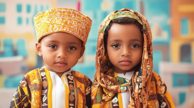 Cultural Preciousness: Somalian Twin Children Embracing Rich Heritage in Vibrant City Setting