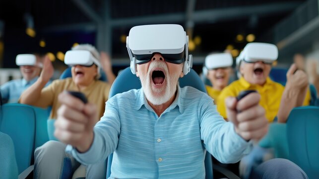 Seniors Immersed in Virtual Reality Gaming Fun - Powered by Adobe