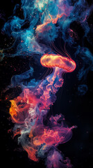 Phone wallpaper: colorful, glowing jellyfish made of smoke floats in space. The background is black. Otherworldly effect.