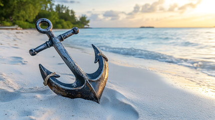 weathered anchor rests on soft sand, surrounded by gentle waves lapping at shore, evoking sense of tranquility and maritime adventure
