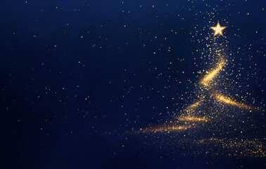 Obraz premium Glittering Xmas Tree with Shiny Star, Christmas Lights, and Sparkling Particles with Dark Blue Night Background