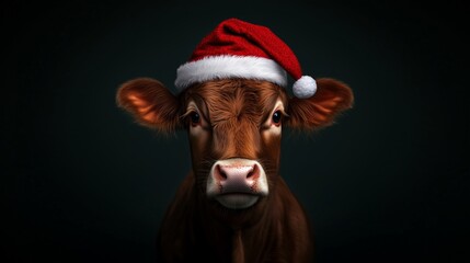 A cute brown calf wearing a Santa hat on a black background, portrait photography, Christmas vibe.