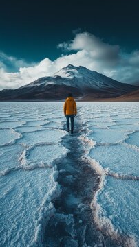 Exploring the vast salt flats under a dramatic mountain sky