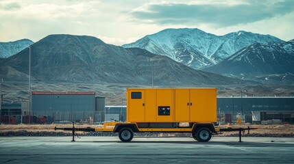 Focused image of mobile generator in industrial area with mountains