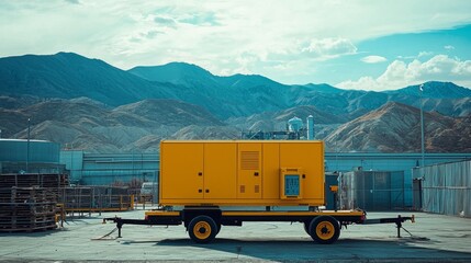 Focused image of mobile generator in industrial area with mountains