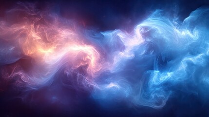 Abstract swirling blue and orange smoke clouds on dark background.