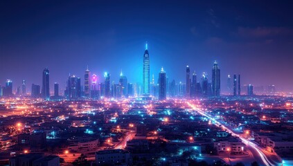 Obraz premium Nighttime Skyline of Dubai with Illuminated Buildings