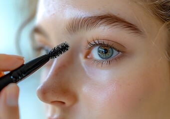 Young Woman Applying Mascara To Her Eye Lashes