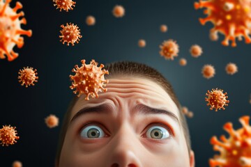 Human face overwhelmed by swarming viruses in a panic