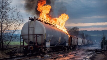 A dramatic scene of a derailed freight train with a tanker car ablaze, symbolizing danger, hazardous materials, and the risks associated with transportation incidents