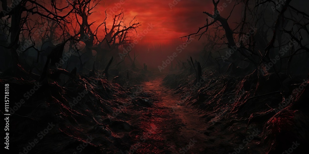Poster A dark forest with a red sky and a path through it